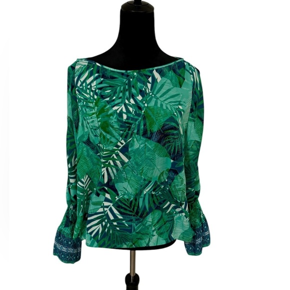 Laundry By Shelli Segal Tops - Laundry by Shelli Segal Green White Cold Shoulder Long Sleeve Blouse, Womens M
